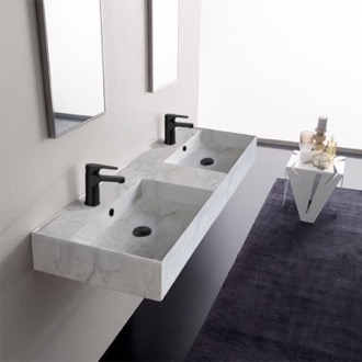 Bathroom Sink Marble Design Ceramic Wall Mounted or Vessel Double Sink With Counter Space Scarabeo 5116-F