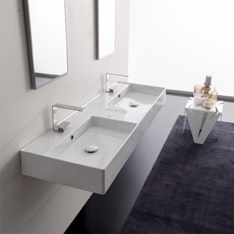 Bathroom Sink Double Rectangular Ceramic Wall Mounted or Vessel Sink With Counter Space Scarabeo 5116