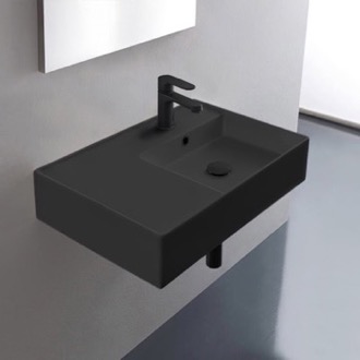 Bathroom Sink Black Ceramic Wall Mounted or Vessel Sink With Counter Space Scarabeo 5117-49
