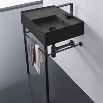 Console Bathroom Sink Matte Black Ceramic Console Sink and Matte Black Stand, 24