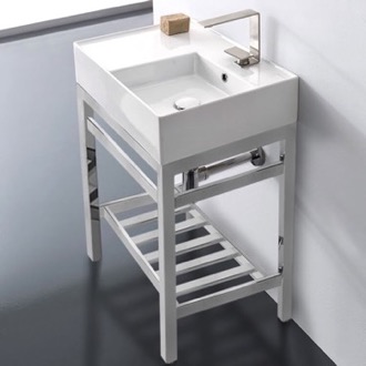 Console Bathroom Sink Small Modern Console Sink Vanity, 24 Inch, Polished Chrome Metal Stand Scarabeo 5117-CON2