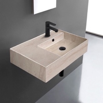 Bathroom Sink Beige Travertine Design Ceramic Wall Mounted or Vessel Sink With Counter Space Scarabeo 5117-E