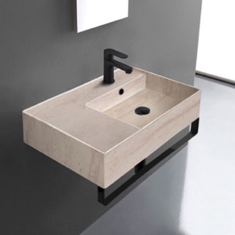 Bathroom Sink Beige Travertine Design Ceramic Wall Mounted Sink With Black Towel Bar Scarabeo 5117-E-TB-BLK