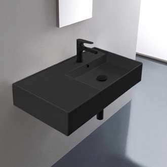 Bathroom Sink Black Ceramic Wall Mounted or Vessel Sink With Counter Space Scarabeo 5118-49