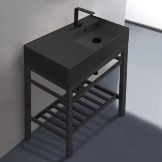 Console Bathroom Sink Modern Matte Black Ceramic Console Sink and Matte Black Base, 32