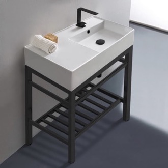 Console Bathroom Sink Modern Ceramic Console Sink With Counter Space and Matte Black Base, 32