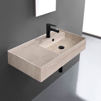 Bathroom Sink Beige Travertine Design Ceramic Wall Mounted or Vessel Sink With Counter Space Scarabeo 5118-E