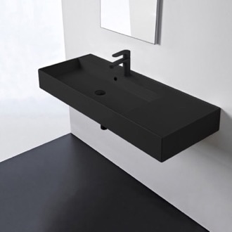 Bathroom Sink Black Ceramic Wall Mounted or Vessel Sink With Counter Space Scarabeo 5121-49