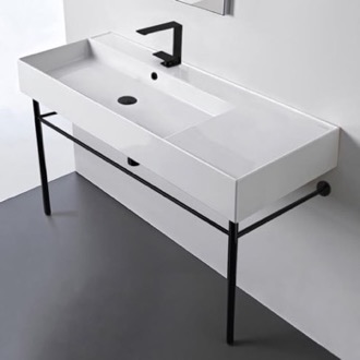 Console Bathroom Sink Ceramic Console Sink and Matte Black Stand, 48