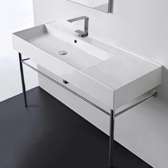 Bathroom Sink Rectangular Ceramic Console Sink and Polished Chrome Stand Scarabeo 5121-CON