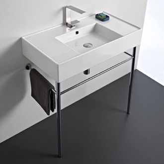 Console Bathroom Sink Rectangular Ceramic Console Sink and Polished Chrome Stand, 32