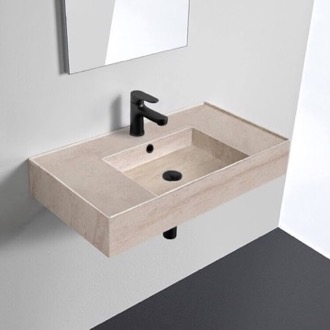 Bathroom Sink Beige Travertine Design Ceramic Wall Mounted or Vessel Sink With Counter Space Scarabeo 5123-E