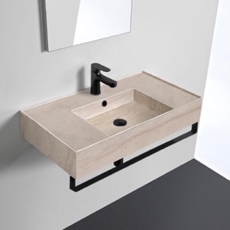 Bathroom Sink Beige Travertine Design Ceramic Wall Mounted Sink With Black Towel Bar Scarabeo 5123-E-TB-BLK