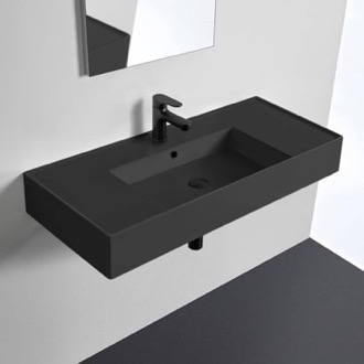 Bathroom Sink Black Ceramic Wall Mounted or Vessel Sink With Counter Space Scarabeo 5124-49