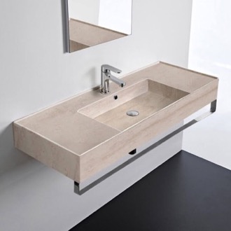 Bathroom Sink Wall Mounted Beige Travertine Design Ceramic Sink With Polished Chrome Towel Bar Scarabeo 5125-E-TB