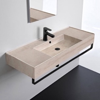 Bathroom Sink Wall Mounted Beige Travertine Design Ceramic Sink With Black Towel Bar Scarabeo 5125-E-TB-BLK