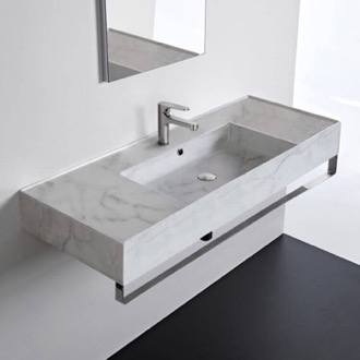 Bathroom Sink Wall Mounted Marble Design Ceramic Sink With Polished Chrome Towel Bar Scarabeo 5125-F-TB
