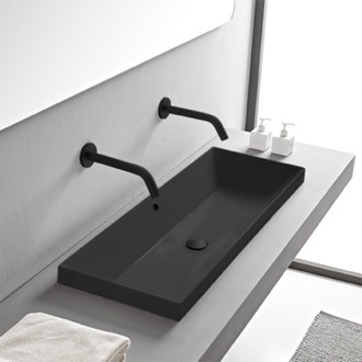 Bathroom Sink Rectangular Black Ceramic Trough Drop In Sink Scarabeo 5133-49