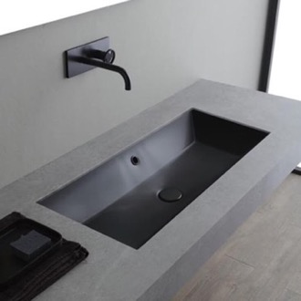 Bathroom Sink Rectangular Matte Black Ceramic Trough Undermount Sink Scarabeo 5136-49
