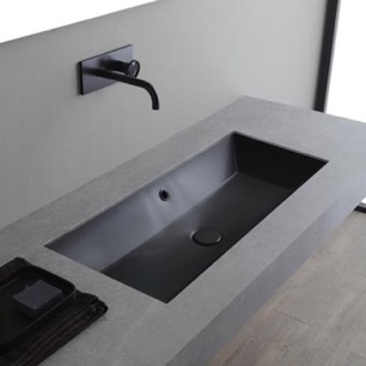 Bathroom Sink Rectangular Black Ceramic Trough Undermount Sink Scarabeo 5136-49