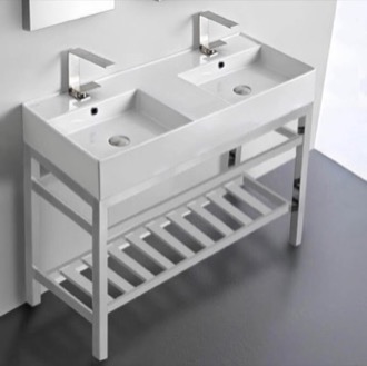 Console Bathroom Sink Double Ceramic Console Sink With Polished Chrome Stand Scarabeo 5142-CON2