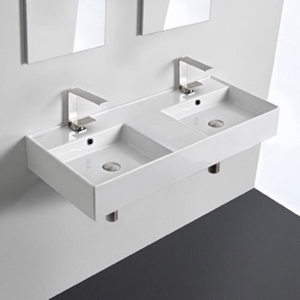 Bathroom Sink Double Rectangular Ceramic Wall Mounted or Vessel Sink With Counter Space Scarabeo 5142
