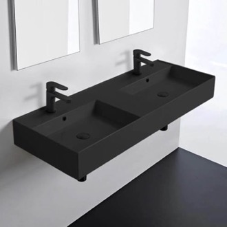 Bathroom Sink Double Black Ceramic Wall Mounted or Vessel Sink With Counter Space Scarabeo 5143-49