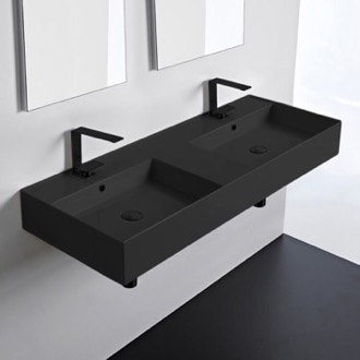 Bathroom Sink Double Black Ceramic Wall Mounted or Vessel Sink With Counter Space Scarabeo 5143-49