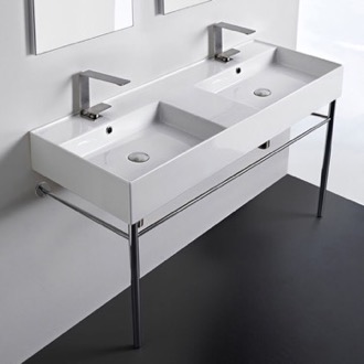 Console Bathroom Sink Double Ceramic Console Sink With Polished Chrome Stand Scarabeo 5143-CON