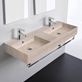 Bathroom Sink Beige Travertine Design Ceramic Wall Mounted Double Sink With Polished Chrome Towel Holder Scarabeo 5143-E-TB
