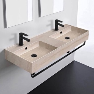 Bathroom Sink Beige Travertine Design Ceramic Wall Mounted Double Sink With Black Towel Holder Scarabeo 5143-E-TB-BLK