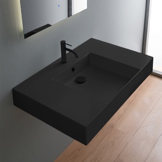 Bathroom Sink Black Ceramic Wall Mounted or Vessel Sink With Counter Space Scarabeo 5151-49