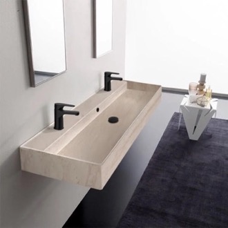 Bathroom Sink Beige Travertine Ceramic Trough Wall Mounted or Vessel Sink Scarabeo 5158/R-140B-E