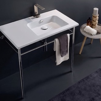 Console Bathroom Sink Rectangular Ceramic Console Sink and Polished Chrome Stand Scarabeo 5212-CON