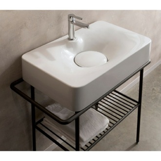 Bathroom Sink Rectangular White Ceramic Wall Mounted or Vessel Sink Scarabeo 6004