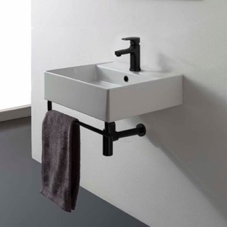Bathroom Sink Square Wall Mounted Ceramic Sink With Black Towel Bar Scarabeo 8031/R-40-TB-BLK