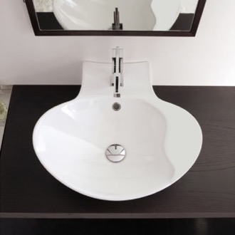 Bathroom Sink Oval-Shaped White Ceramic Wall Mounted or Vessel Sink Scarabeo 8202