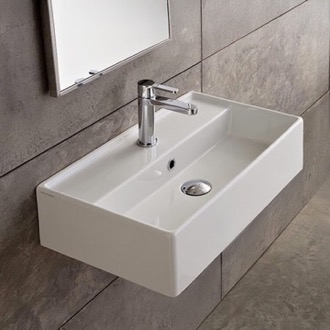 Bathroom Sink Rectangular White Ceramic Wall Mounted or Vessel Sink Scarabeo 5002