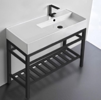 Console Bathroom Sink Modern Ceramic Console Sink With Counter Space and Matte Black Base Scarabeo 5120-CON2-BLK