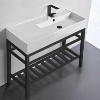 Console Bathroom Sink Modern Ceramic Console Sink With Counter Space and Matte Black Base, 40