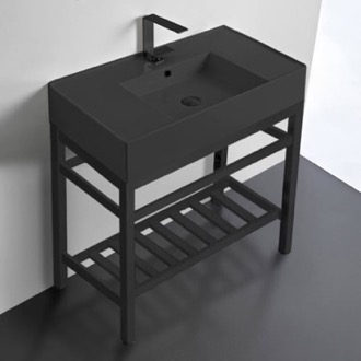 Console Bathroom Sink Modern Matte Black Ceramic Console Sink and Matte Black Base, 32