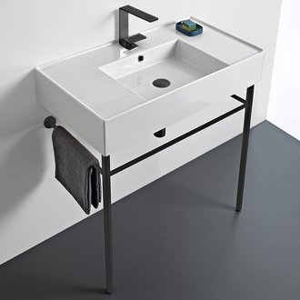 Console Bathroom Sink Ceramic Console Sink and Matte Black Stand, 32