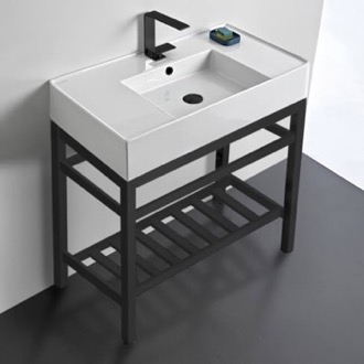 Console Bathroom Sink Modern Ceramic Console Sink With Counter Space and Matte Black Base, 32