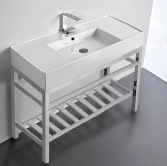Bathroom Sink Modern Ceramic Console Sink With Counter Space and Chrome Base Scarabeo 5124-CON2