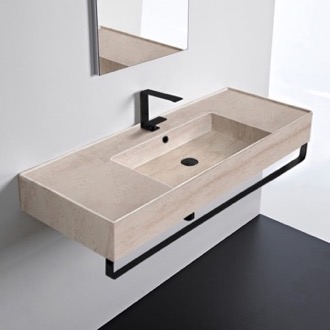 Bathroom Sink Wall Mounted Beige Travertine Design Ceramic Sink With Matte Black Towel Bar Scarabeo 5125-E-TB-BLK