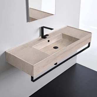 Bathroom Sink Wall Mounted Beige Travertine Design Ceramic Sink With Black Towel Bar Scarabeo 5125-E-TB-BLK