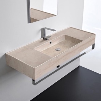 Bathroom Sink Wall Mounted Beige Travertine Design Ceramic Sink With Polished Chrome Towel Bar Scarabeo 5125-E-TB