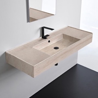 Bathroom Sink Beige Travertine Ceramic Wall Mounted or Vessel Sink With Counter Space Scarabeo 5125-E
