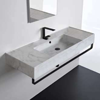 Bathroom Sink Wall Mounted Marble Design Ceramic Sink With Black Towel Bar Scarabeo 5125-F-TB-BLK