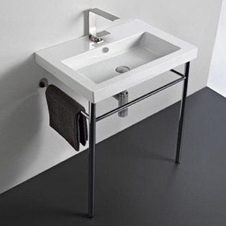 Bathroom Sink Rectangular Ceramic Console Sink and Polished Chrome Stand Tecla CAN01011-CON